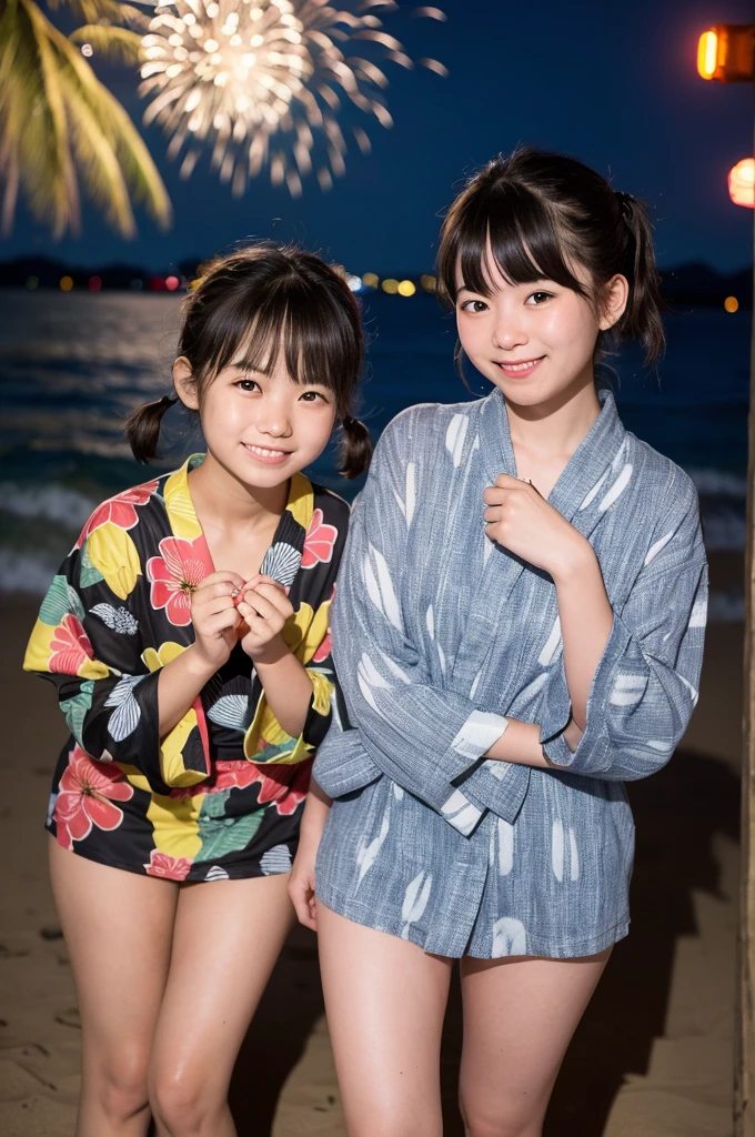 2 girls in beach at night,long-sleeved yukata,fireworks,18-year-old,bangs,a little smile,thighs,knees,short hair with low pigtails bunches,from below,front light