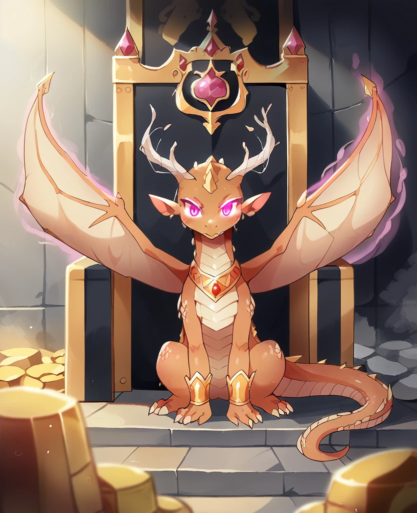 masterpiece, best quality, ultra-detailed, intricate illustration, detailed lighting, chiaroscuro, 1 loli black dragon, princess crown, golden throne, obsidian scales, small wings, regal posture, underground lair, treasure hoard, magical aura, fantasy, mythical creature, dark atmosphere, glowing eyes, smoke tendrils, dynamic pose, majestic creature, dragon magic, loli black dragon princess's eyes gleaming with intelligence and loli black dragon princess's body emanating an aura of power