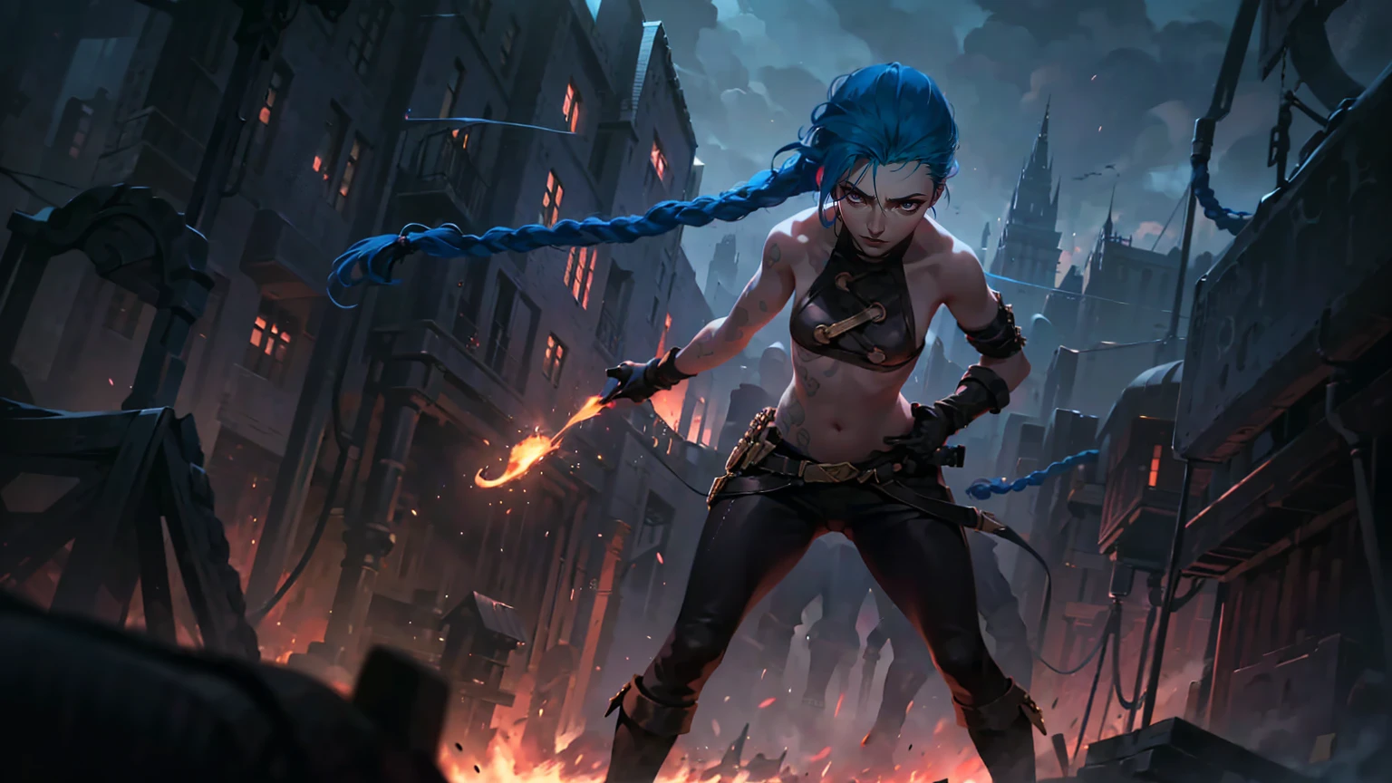 (masterpiece, Best quality), 1 girl, portrait, very sexy, crazy look, smile, crying, pink tears, tears on the cheeks, tears from eyes, full length (full body 1.1.), очень feminine, fighting stance, battle, fire, explosions, burning city, Beautiful waist, gloomy composition, flame, fire, Flash, very beautiful, feminine, long hair, hair braided in long braids, very sexy, tight leather pants, emphasis on the eyes, face accent, Beautiful face, Hands, Hair, Haired ponytail, red purple eyes, Джинкс crying, Blue cloud tattoo, (masterpiece, Best quality), Side lighting, beautiful detailed eyes, crazy face), (Best quality), (masterpiece), magic photography, Spectacular lighting, Photorealism, ultra detailed, интимная portraitная композиция, 1. 4,8 k UHD, aesthetic, Cd., A high resolution, 8 k, better lighting, Best shade, Ultra-HD, A high resolution, sharp focus, Complex background, Cinematic lighting, ((Landscape view)), 4K block, (better lighting), ((Cinematic lighting)),