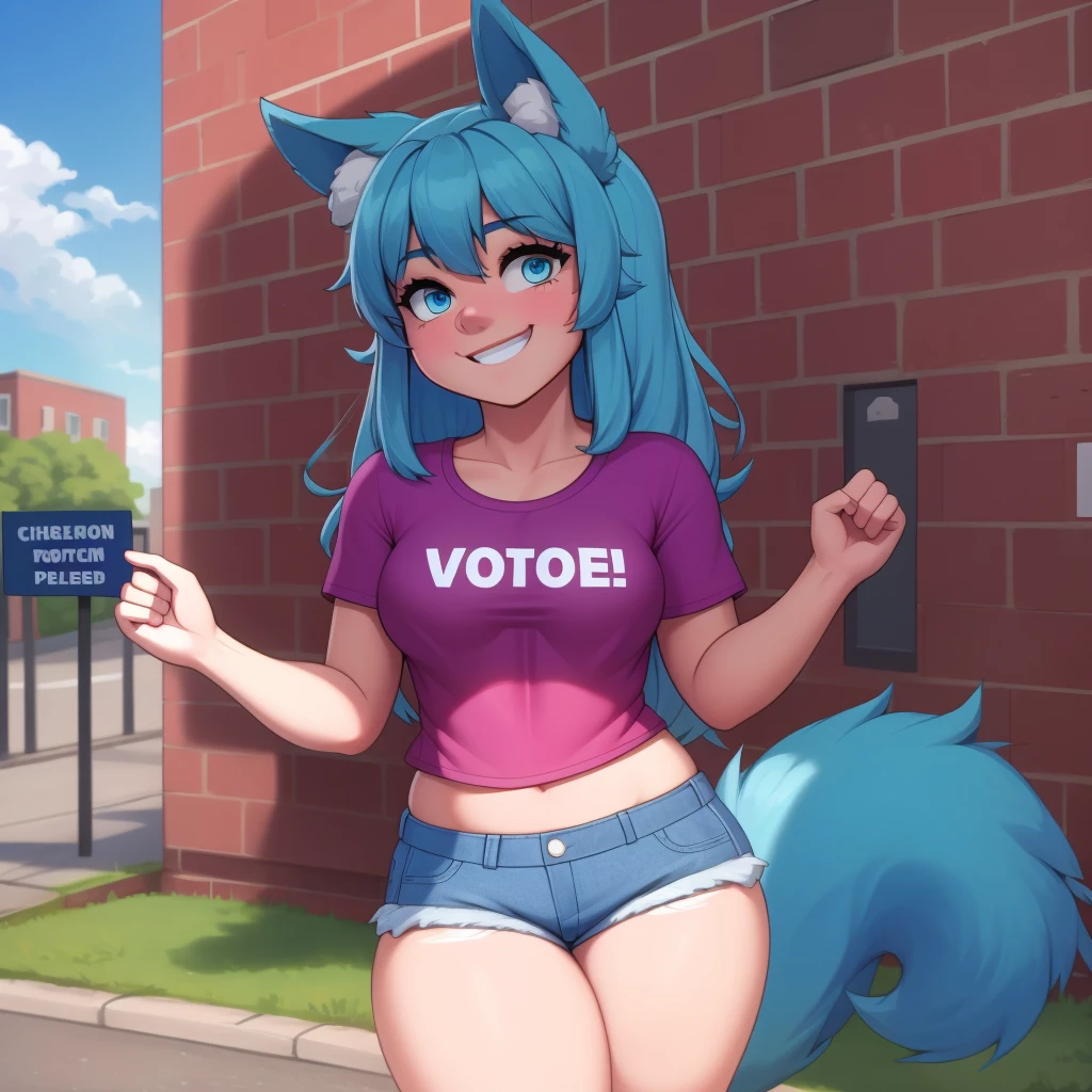 (Masterpiece) (High Detail) (High Res) A short humanoid girl with pale human skin and blue eyes and long blue hair and blue dog ears and a fluffy blue dog tail and average breasts. She is stood outside a brick building which says "polling station" on it and she is going to vote. She is holding a protest sign which says "VOTE!" and she is smiling cheerfully. She is wearing an oversized t-shirt and denim shorts.