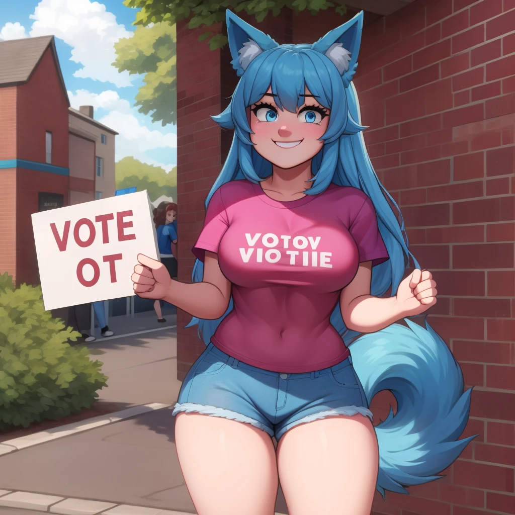 (Masterpiece) (High Detail) (High Res) A short humanoid girl with pale human skin and blue eyes and long blue hair and blue dog ears and a fluffy blue dog tail and average breasts. She is stood outside a brick building which says "polling station" on it and she is going to vote. She is holding a protest sign which says "VOTE!" and she is smiling cheerfully. She is wearing an oversized t-shirt and denim shorts.