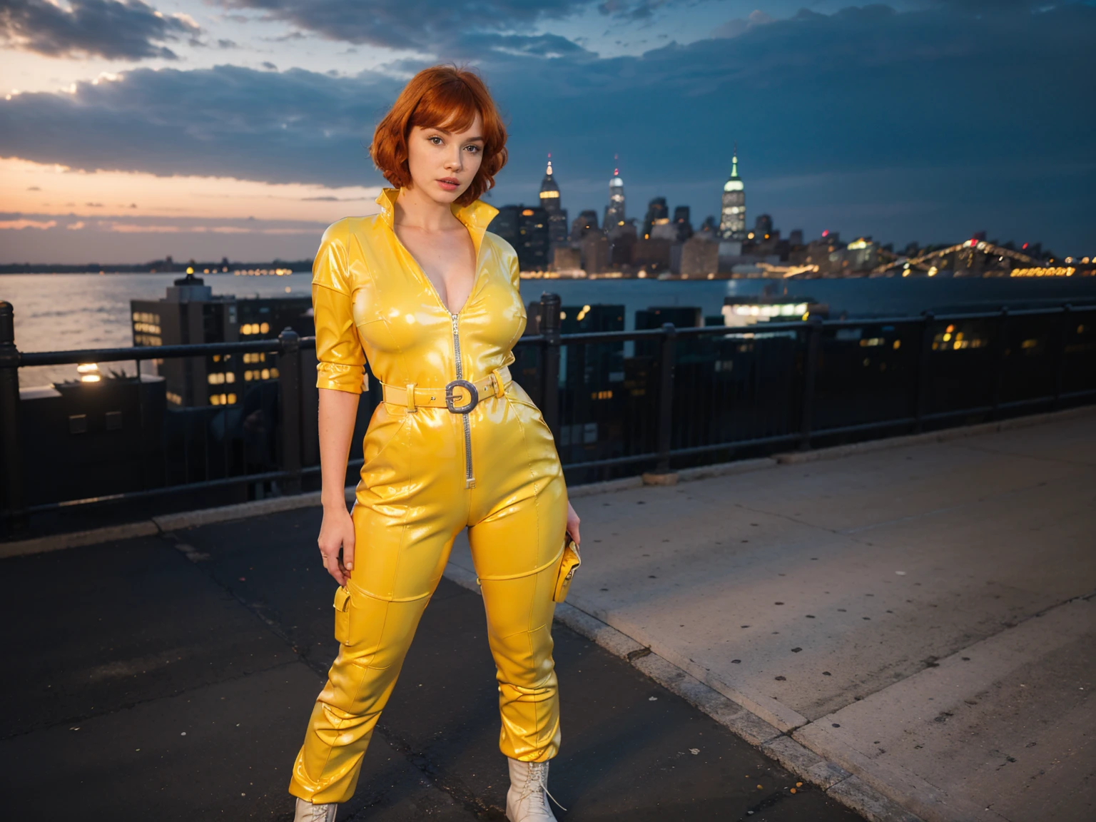 (masterpiece), (best quality), (solo character), (large breasts), (photorealistic:1.4), (chr1sh3n wearing white belt), (apriloneil costume, jumpsuit), (yellow latex jumpsuit), (apriloneil hairstyle), (apriloneil white belt), (apriloneil boots), (aprilonei wearing watch), (epiCRealLife), (lora:epiCFlashPhoto), (red hair), (red lipstick), (brown eyes), (young woman), (flashphoto), (at night), (new york city view), (garden rooftop), (outdoor),(standing), (different poses), (look at viewers), (squatting)