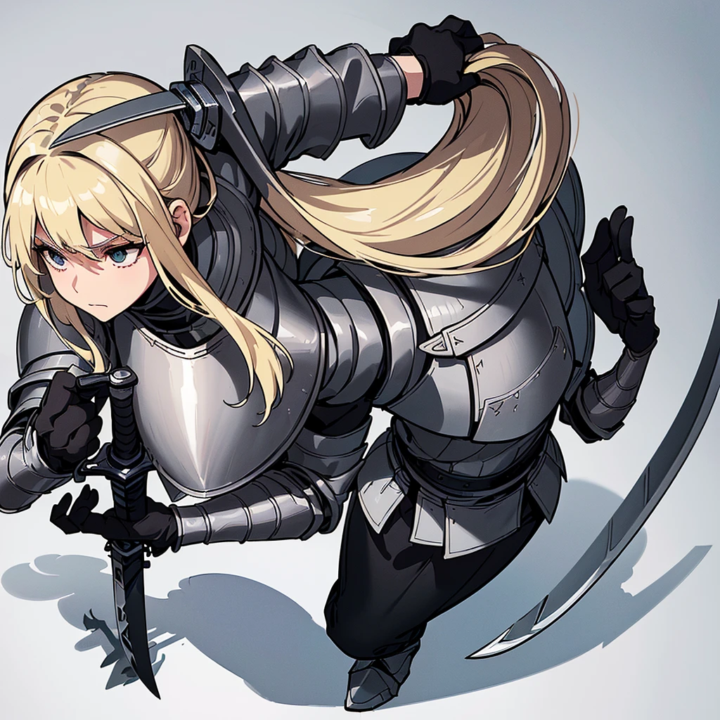 (((Solo)))、Best illustrations、Best Quality、(Full body character concept、detailed)、(((Simple grey armor、Black trousers、Black gloves))、(woman、18-year-old)、(Blonde、Long Hair)、(((Grab the sword、Get Ready)))、(From above at an angle)、(White background)