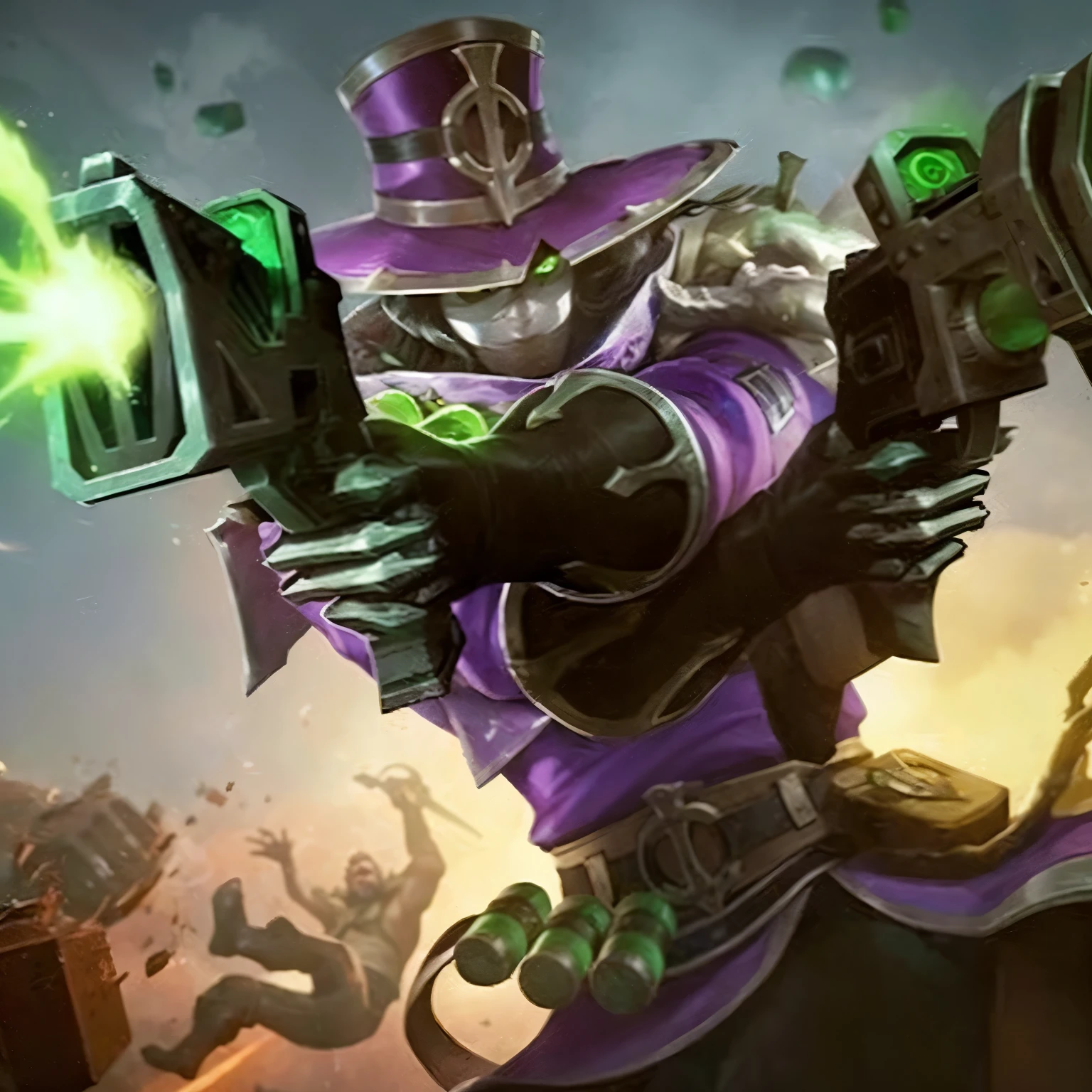 a close-up of a person holding a gun in a game, official splash art, splash art, leblanc, amazing portrait of viego, iconic character splash art, wild rift, character splash art, riot game, piltover, grim-hatter, league of legends character, Shaco de League of Legends, inspired by Yi Insang, naughty man, Green Eye, Green eye, holding two weapons, male character, Mask over the mouth, black mask, apocalyptic background 