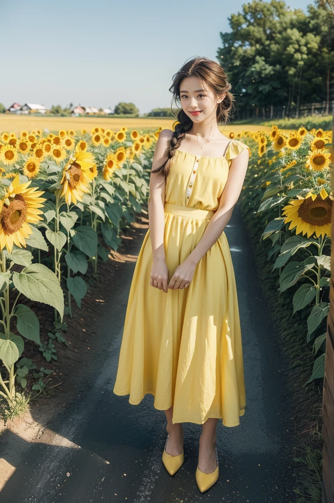 (((best quality))), (((ultra detailed))), (((masterpiece))), illustration, a picturesque scene of a beautiful Ukrainian girl standing amidst a field of sunflowers, short braided hair, ((vibrant blue shirt,Maxi bright yellow skirt)), complementary attire, horizon as backdrop, brilliant shade of clear blue sky, stark contrast with yellow flowers, sea of yellow sunflowers, girl's presence adds intimacy, striking features, sharp piercing eyes, warm kindness, subtle smile, gentle nature, simplicity of beauty, natural setting, yellow dress cascading to ankles, fluttering in gentle breeze, short braids tied with colorful ribbons, playfulness, beauty in simplicity, girl standing out against vivid backdrop, harmonious fusion of nature's splendor and human grace, viewer captivated by girl's beauty, serenity of sunflower field, invites imagination of tranquility, away from chaos of everyday life, reminder of inherent beauty in world around us, waiting to be discovered