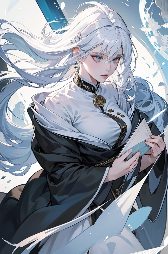 anime girl com longos white hair and blue eyes wearing a white dress, white hair deity, de white hair, with white hair, white hair, white hair lady, com longos white hair, portrait knights of the zodiac girl, perfect white hair girl, white hime cut hairstyle, detailed anime character art, with white long hair, Griffith, female anime character, flowing white hair, sexy girl, sensuous, sorriso sensuous, charming smile, provocative clothes, big boobies, decote sensuous, nature background, add trees and nature background