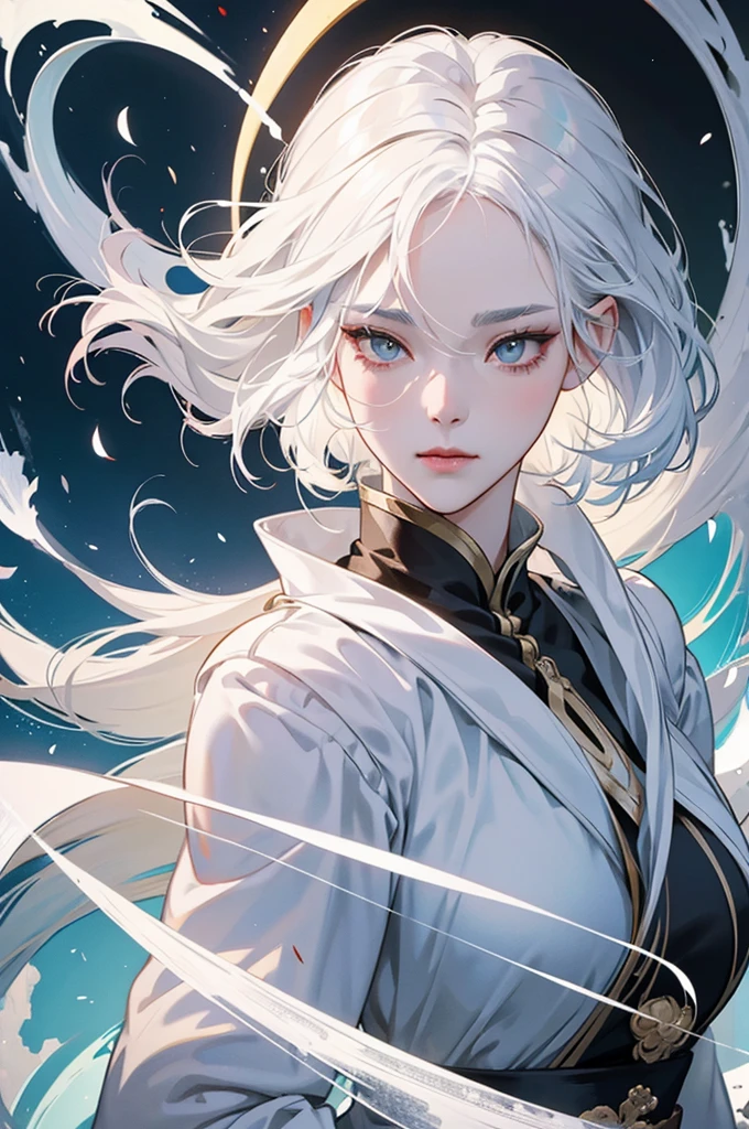 a close up of a woman with white hair and a white mask, beautiful character painting, guweiz, artwork in the style of guweiz, white haired deity, by Yang J, epic exquisite character art, stunning character art, by Fan Qi, by Wuzhun Shifan, guweiz on pixiv artstation, black and white art