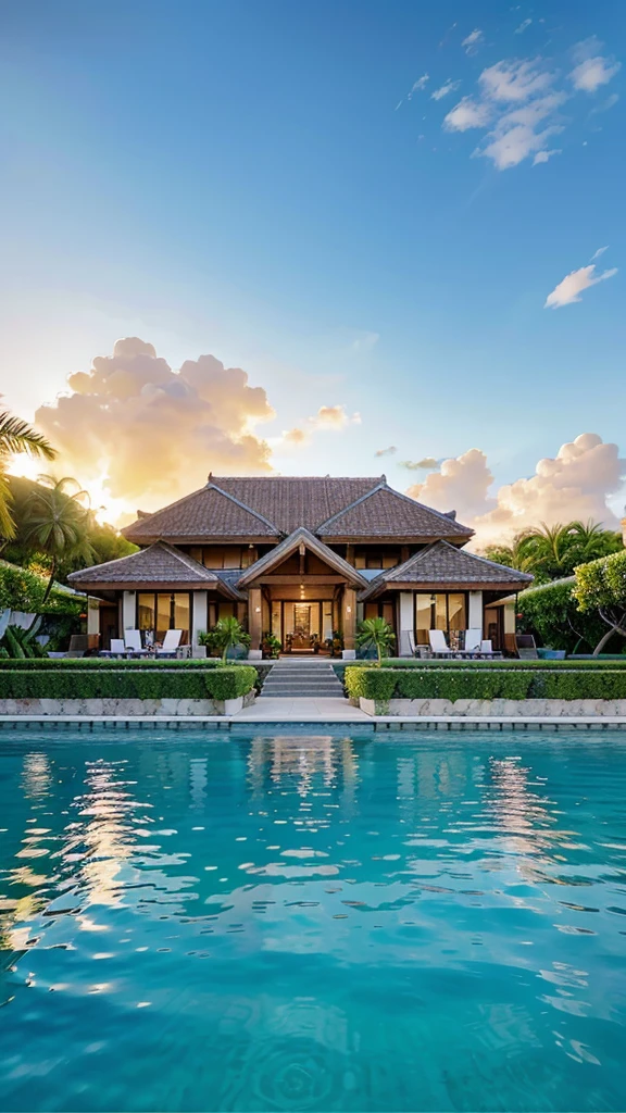 Luxurious and luxurious villa on the coast of Bora Bora, French Polynesia, Luxurious charm. Sophisticated, The modern architecture blends beautifully with the blue waters of the lagoon., Creating an oasis of harmonious luxury. This breathtaking photo is、Showcasing expansive panoramic views of the villa, Impeccable design, Luxurious amenities, Illuminated by the soft light of the setting sun. Immerse yourself in the luxury and tranquility of this exclusive tropical retreat。.