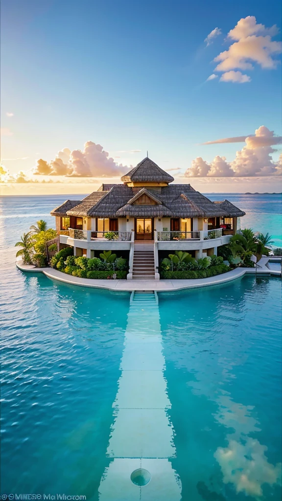 Luxurious and luxurious villa on the coast of Bora Bora, French Polynesia, Luxurious charm. Sophisticated, The modern architecture blends beautifully with the blue waters of the lagoon., Creating an oasis of harmonious luxury. This breathtaking photo is、Showcasing expansive panoramic views of the villa, Impeccable design, Luxurious amenities, Illuminated by the soft light of the setting sun. Immerse yourself in the luxury and tranquility of this exclusive tropical retreat。.