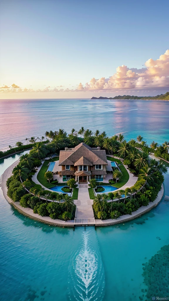 Luxurious and luxurious villa on the coast of Bora Bora, French Polynesia, Luxurious charm. Sophisticated, The modern architecture blends beautifully with the blue waters of the lagoon., Creating an oasis of harmonious luxury. This breathtaking photo is、Showcasing expansive panoramic views of the villa, Impeccable design, Luxurious amenities, Illuminated by the soft light of the setting sun. Immerse yourself in the luxury and tranquility of this exclusive tropical retreat。.