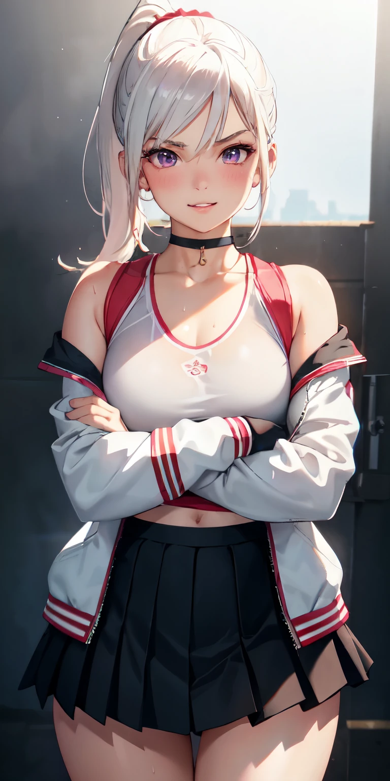 realistic, 1girl, ponytail, parted lips, blush, makeup, light smile, white hair, sportswear, skirt, wet clothes, glow, thighs, purple eye, bare shoulders, collarbone, narrow waist, sunbeam, sunlight, rose, wind, cleavage, (masterpiece), sweat, (best quality:1.2),solo,1girl,mdrin,smile,looking at viewer,crossed arms,ponytail,v-shaped eyebrows,white jacket,red shirt,fingerless gloves,black skirt,choker