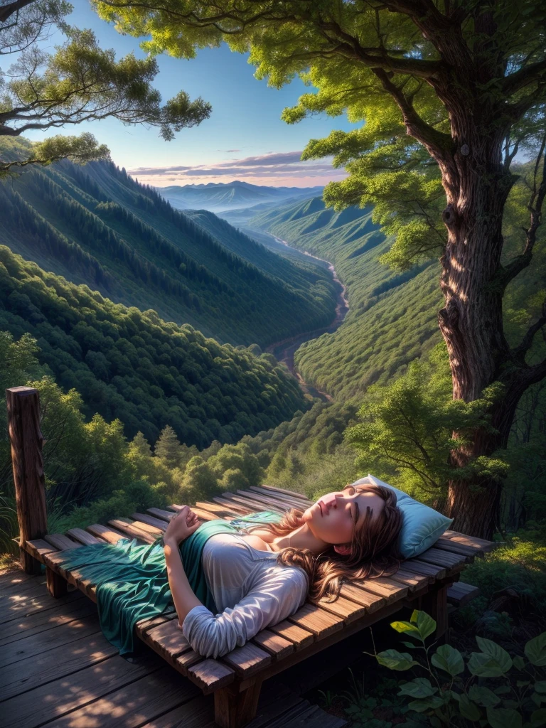 a close up of a bed on a wooden platform in the woods, stunning nature in background, setting in nature, cozy place, soothing and cozy landscape, chill time. good view, all in the amazing outdoors view, beautiful place, overlooking a valley, overlooking a valley with trees, dreaming about a faraway place, overlooking a vast serene forest