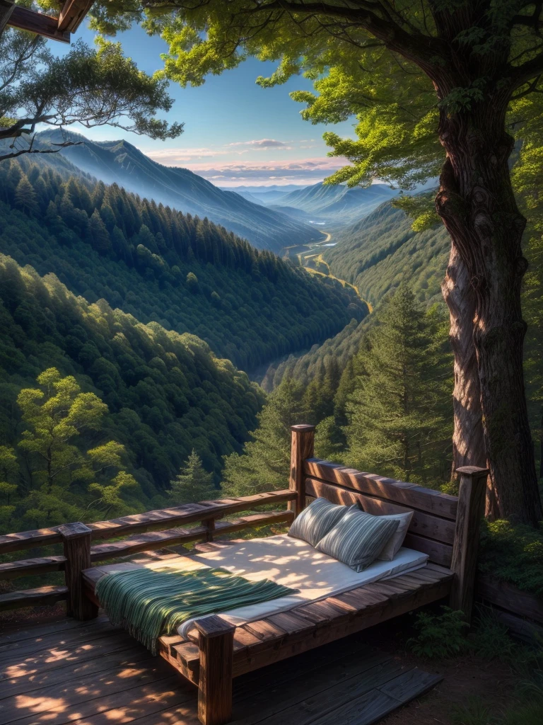a close up of a bed on a wooden platform in the woods, stunning nature in background, setting in nature, cozy place, soothing and cozy landscape, chill time. good view, all in the amazing outdoors view, beautiful place, overlooking a valley, overlooking a valley with trees, dreaming about a faraway place, overlooking a vast serene forest