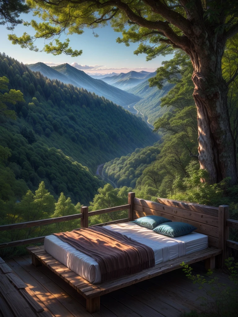 a close up of a bed on a wooden platform in the woods, stunning nature in background, setting in nature, cozy place, soothing and cozy landscape, chill time. good view, all in the amazing outdoors view, beautiful place, overlooking a valley, overlooking a valley with trees, dreaming about a faraway place, overlooking a vast serene forest