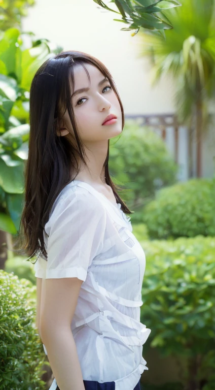 ((Highest quality, 8K, masterpiece: 1.3)), Sharp focus: 1.2, Beautiful woman with perfect figure: 1.4, whole body、From the side、Very cute face、Beautiful thighs、(Standing and tying the laces of his right shoe)、Slim Abs: 1.2, (Tight shorts)。((Layered Cut, small: 1.2)), Watching the audience、(White button-up long shirt: 1.1), (garden: 1.2), Jungle gym、Highly detailed face and skin texture, Fine grain, double eyelid