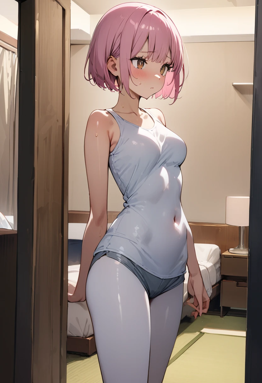 ((masterpiece,Highest quality:1.3,best quality illustration)),cowboy shot,1woman,18 year old Japanese beauty,((very small head:1.4)),(short bob pink hair),bangs,brown eyes,gorgeous eyes,shy,medium breasts,((very long body:1.4)),(White tank top、Grey micro shorts),navel、toned body,slender body,skinny,gleaming skin,shiny skin,oily skin,sweat,standing,Simple bedroom、simple hotel、Tokyo,