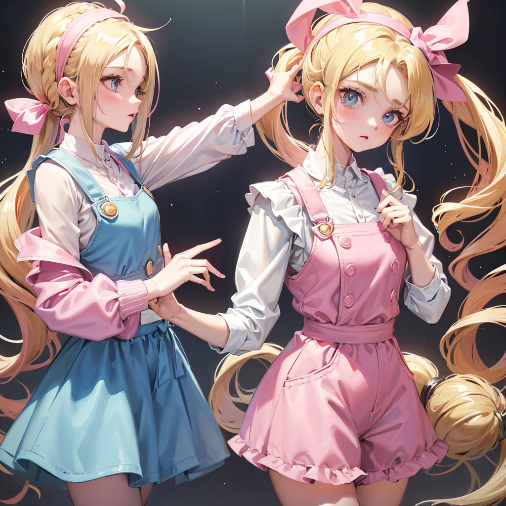 1 adult girl, blue eyes, Blonde, hair in two pigtails, pink vests, pink dress with white overalls, a pink hat on her head, in a calm and sweet environment, photography as for social media profile, Dragon Ball Z style and design, especially in the eyes
