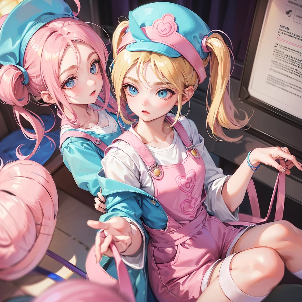 1 adult girl, blue eyes, Blonde, hair in two pigtails, pink vests, pink dress with white overalls, a pink hat on her head, in a calm and sweet environment, photography as for social media profile, Dragon Ball Z style and design, especially in the eyes