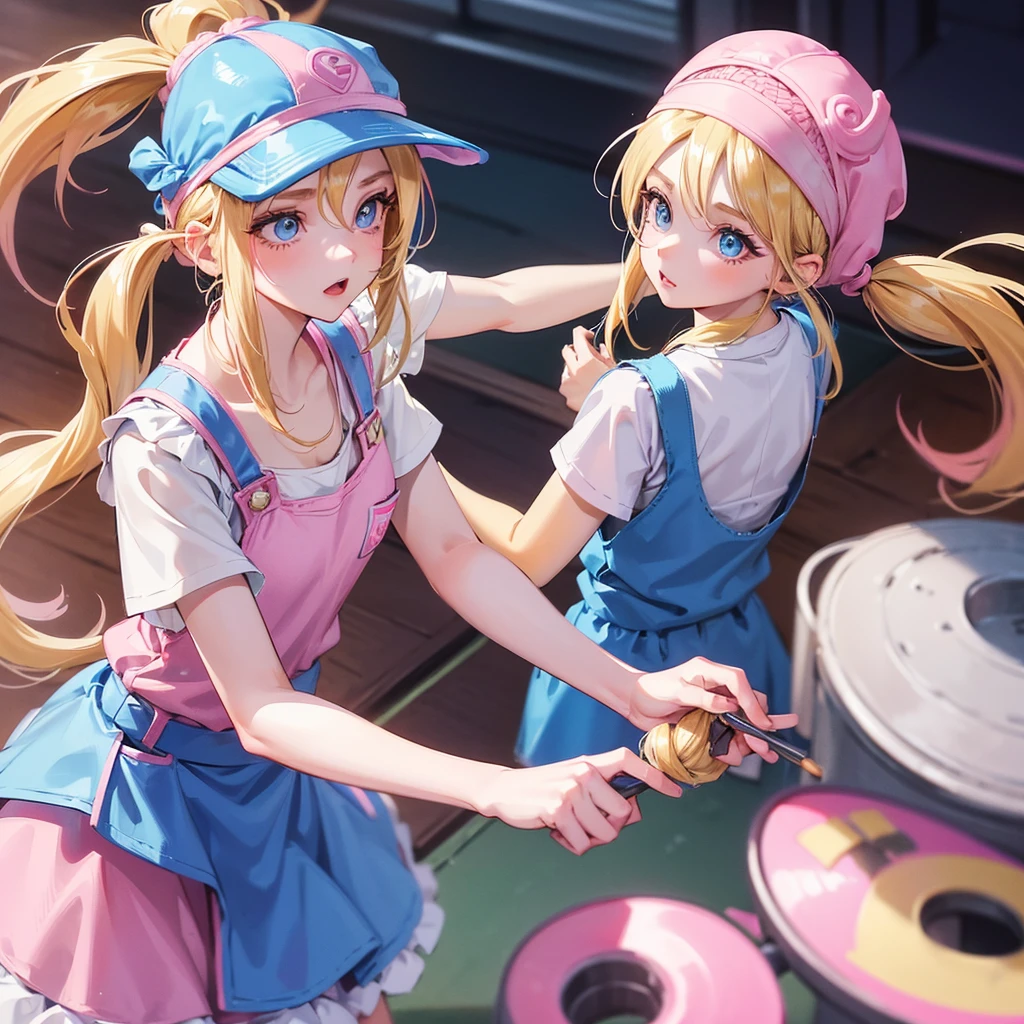 1 adult girl, blue eyes, Blonde, hair in two pigtails, pink vests, pink dress with white overalls, a pink hat on her head, in a calm and sweet environment, photography as for social media profile, Dragon Ball Z style and design, especially in the eyes