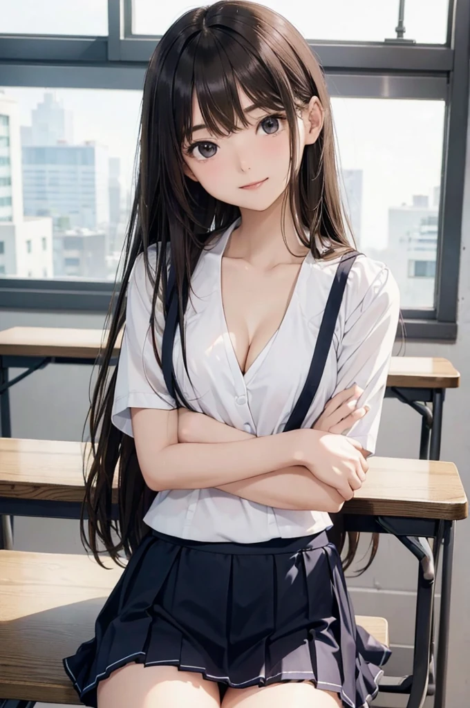 (Highest quality: 1.3), (masterpiece: 1.3),8K,Cinematic lighting,Official Art,One Young Woman, , A face that looks young、double eyelid、Fine grain、Glossy lips、Long brown hair, Wear a sailor uniform,Short sleeve,Pleated skirt,(Ultra Mini Skirt:1.5), sitting at a desk in the classroom, (smile),(Slim body:1.2)、(Thin arms:1.2)、Large Breasts、Cleavage、White lace panties are visible、Spreading her legs、