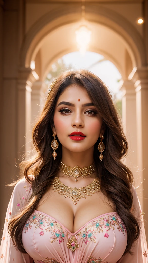perfect pink eyes, fantastic face, Indian, beautiful look, ((red lips, bright eyes, curve heir 1.5)), ((beautiful details very big breast )), (Straight round and ultra huge clevage, not sagging breast), A glorious gorgeous, glorious gorgeous face, pretty face, bright eyes, detailed elegant printed red hijab, updo elegant hair, blurred gray tones background, ultra focus, face ilumined, face detailed, 8k resolution, painted, dry brush, brush strokes, razumov style and garmash style, by Tokaito, (fluorescent colours:1.4),(semi transparent:1.4),(retro filters:1.4),(fanciful:1.4),Candy World Disneyland Ethereal Soft Fluffy Soft Landscape Forest Snowflake Pale Pink Sky Green Blue Sparkling Ethereal Light Soft Whimsical Light Rainbow Stars Diamond Sparkle Gemstone Background Ultra Realistic Ultra High Quality Cinematic Lighting Huge Details Full HD Painting Plenty of light,diagonal bangs, Dress with collar,side masterpiece, best qualityer,realskin,(sportrait:1.5), 1girll, bluntbangs, long whitr hair,
