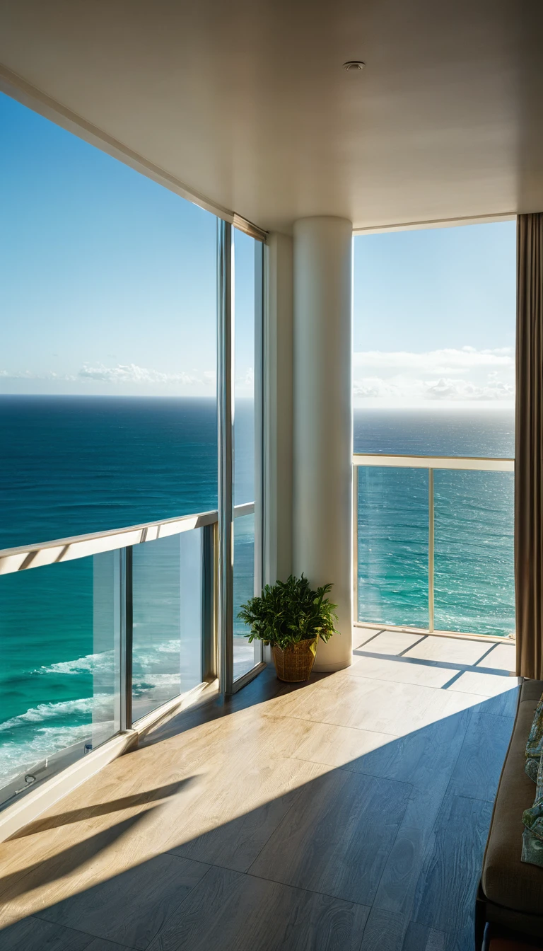 Ocean view room on the 15th floor，interior design，window，balcony，Realistic details, Dynamic Shadows, 32k resolution, 50mm lens, debt/2.4, Greg Rutkowski&#39;s Style，photographer&#39;On-site photography