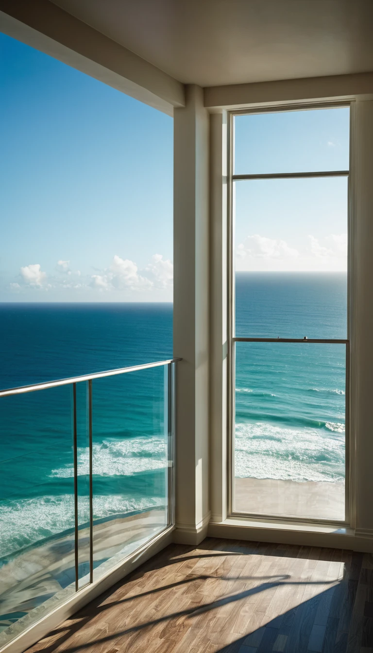 Ocean view room on the 15th floor,interior design,window,balcony,Realistic details, Dynamic Shadows, 32k resolution, 50mm lens, debt/2.4, Greg Rutkowski's Style,photographer'On-site photography