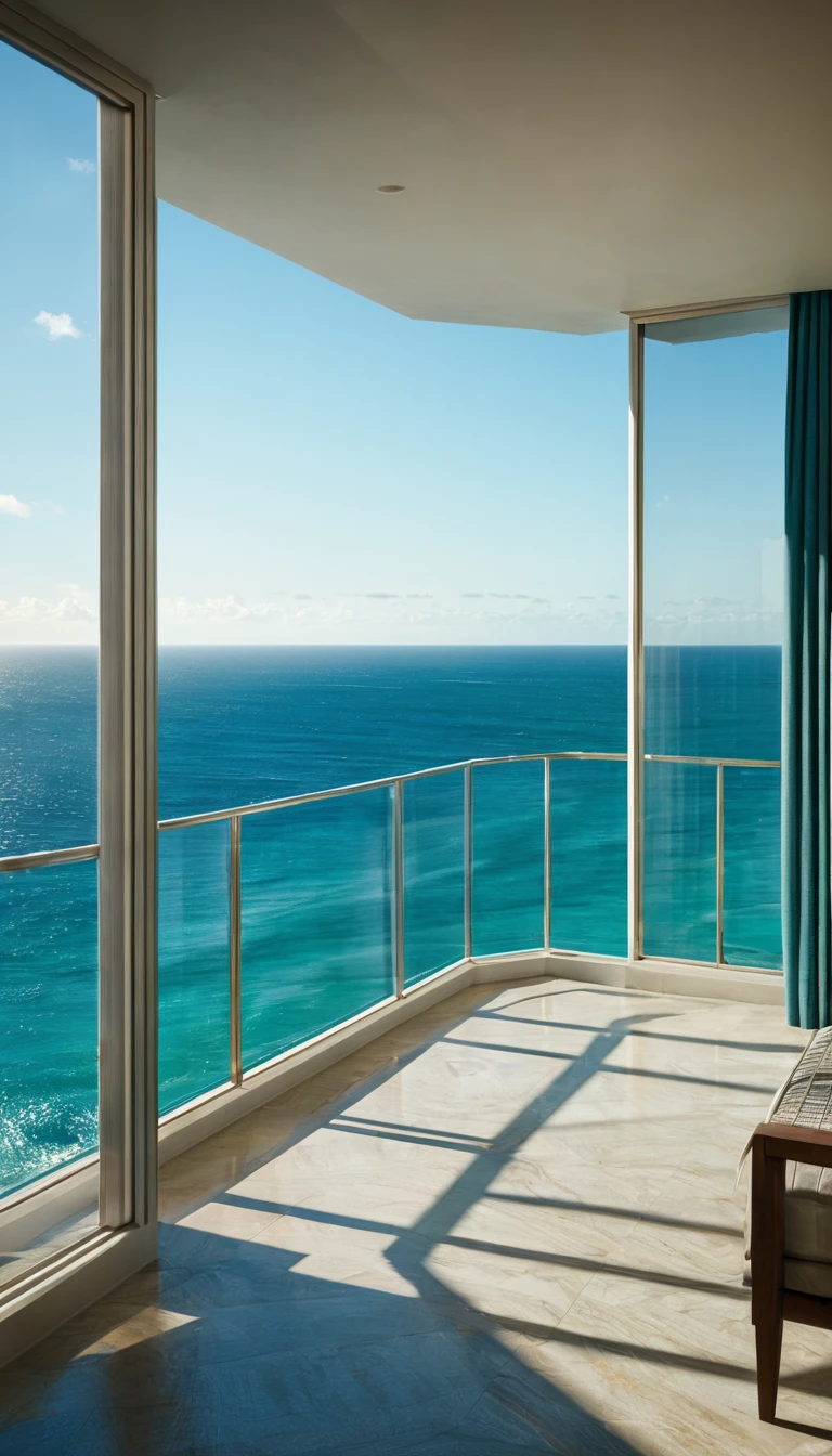Ocean view room on the 15th floor，interior design，window，balcony，Realistic details, Dynamic Shadows, 32k resolution, 50mm lens, debt/2.4, Greg Rutkowski&#39;s Style，photographer&#39;On-site photography