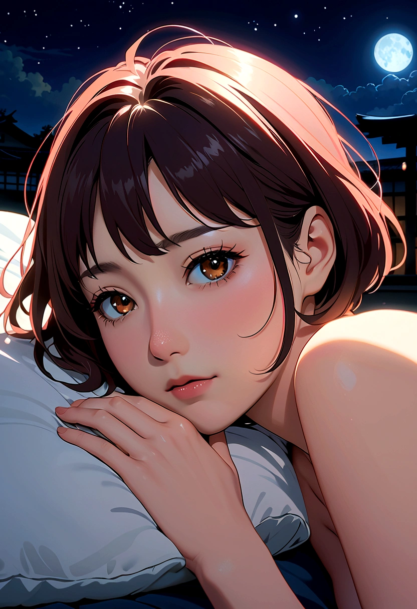 masterpiece, high resolution, illustration, Kyoto Animation Style, Your name is style, night, midnight, Light, (1 female: 1.3), (Solitary: 1.4), Long eyelashes, Short Bob, Red and swollen nose, , Lying down, naked, Close-up of face, covering chest by hand, Hiding with hands,