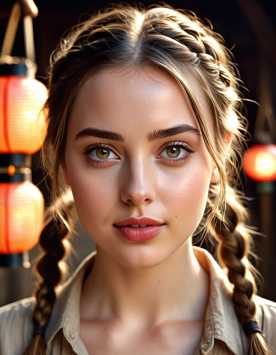 a 21 year old woman with a light brown shirt and a tied braid, a caucasian girl with fair skin, [her face resembles Ana de Armas]::1, beautiful skin, a beautiful prominent and round forehead , vivid and very expressive light eyes, a slight smile of pride, light colored lipstick. Lanterns, beautiful portrait of a young woman with a very beautiful face!!!!, young pale woman, beautiful model, flawless skin, Beautiful, detailed flawless face. Photo is digitally enhanced with high levels of detail and cinematic lighting. ethereal and enchanting. High resolution for website, incredibly detailed, hyper-realistic, Cinematic light, Complex, HDR, 32k