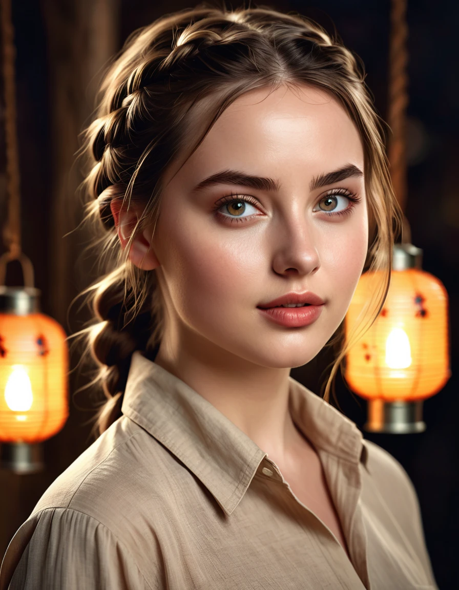 a 21 year old woman with a light brown shirt and a tied braid, a caucasian girl with fair skin, [her face resembles Ana de Armas]::1, beautiful skin, a beautiful prominent and round forehead , vivid and very expressive light eyes, a slight smile of pride, light colored lipstick. Lanterns, beautiful portrait of a young woman with a very beautiful face!!!!, young pale woman, beautiful model, flawless skin, Beautiful, detailed flawless face. Photo is digitally enhanced with high levels of detail and cinematic lighting. ethereal and enchanting. High resolution for website, incredibly detailed, hyper-realistic, Cinematic light, Complex, HDR, 32k