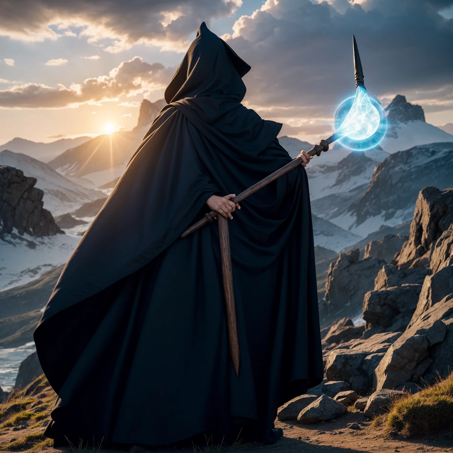 Witch woman from back and full body, looking to the horizon, with wizard's cloak, wizard's robes, with wooden staff and diamond tip, hooded cloak movement, ancient wizard's command and white background sunny day, sol