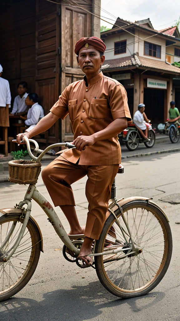 Illustrate a becak driver in Yogyakarta, wearing a traditional work uniform, waiting for passengers on a busy street with traditional buildings in the background
