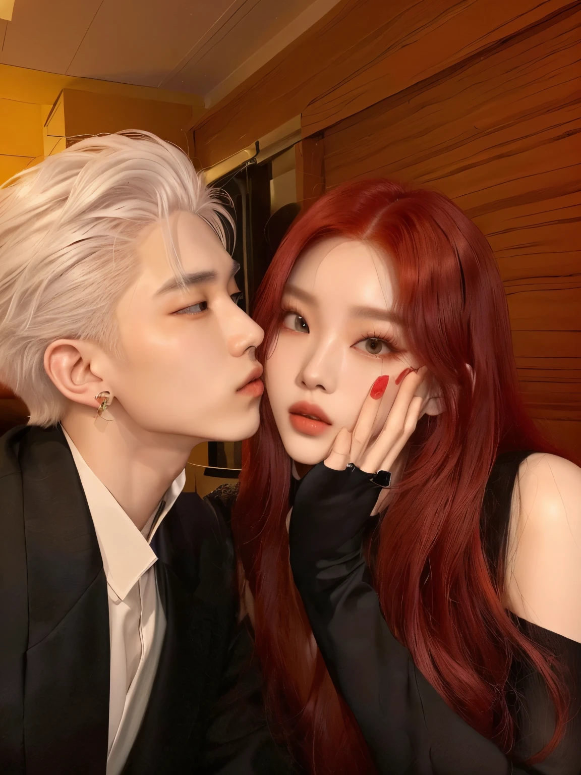 araffed woman with red hair and a man with white hair, cai xukun, nixeu and sakimichan, kda and sam yang, taejune kim, with ivy, jossi of blackpink, jia, jimin\'s plump lips, kissing together cutely, they are close to each other, profile pic, they are in love, couple pose