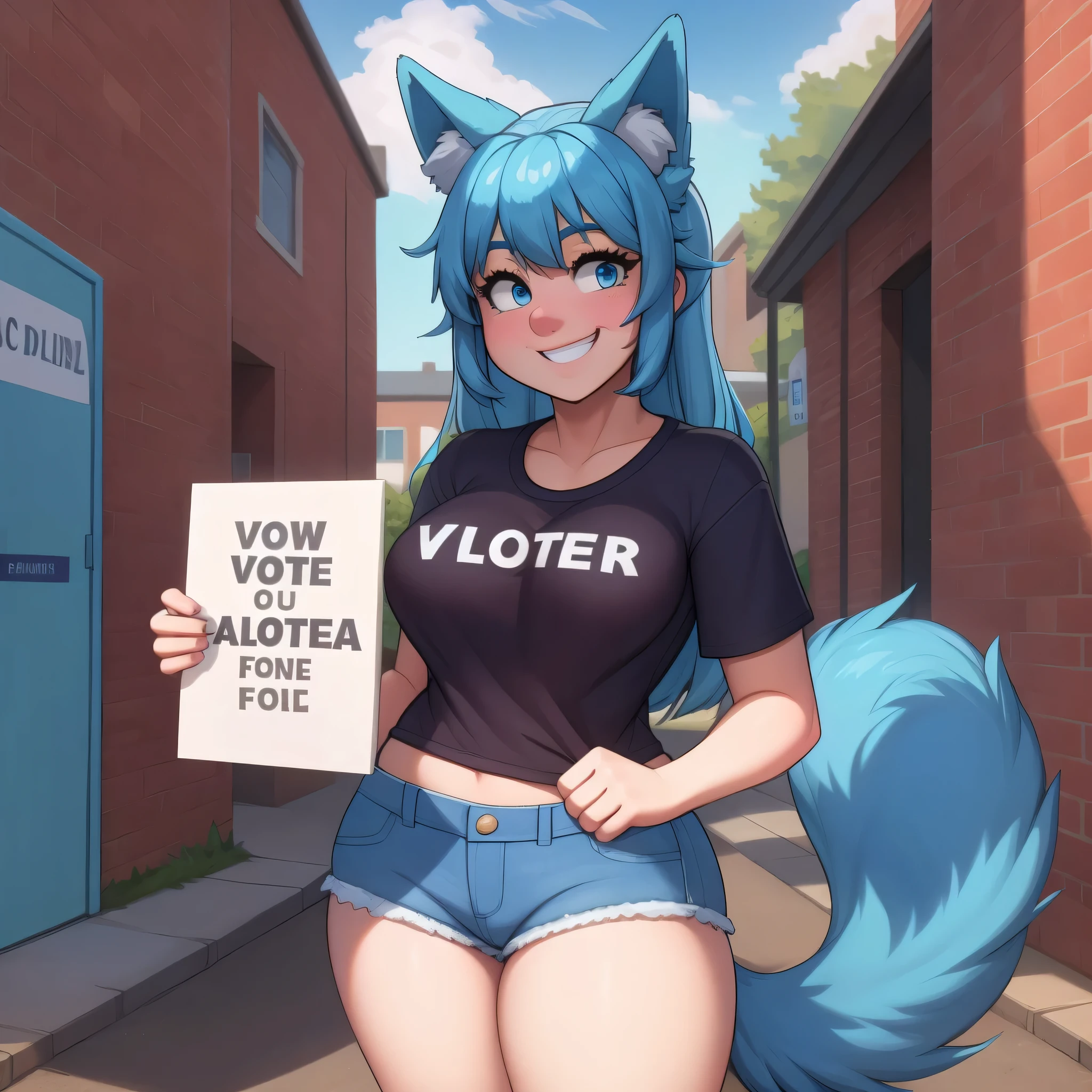 (Masterpiece) (High Detail) (High Res) A short humanoid girl with pale human skin and blue eyes and long blue hair and blue dog ears and a fluffy blue dog tail and average breasts. She is stood outside a brick building which says "polling station" on it and she is going to vote. She is holding a protest sign which says "VOTE!" and she is smiling cheerfully. She is wearing an oversized t-shirt and denim shorts.