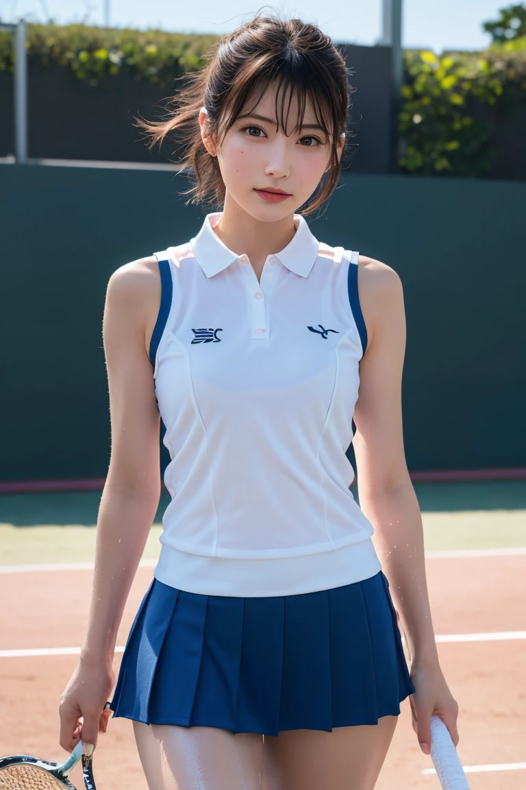 1 Girl, alone, White polo shirt, White sneakers, Pink tennis wear: 1.3, White mini skirt, masterpiece, Highest quality, Realistic, Hyper Detail, (Shiny skin, Sweaty: 1.4), Confused, Looking into the camera, Short black hair, Brown eyes, thin, Dynamic Lighting, High resolution, Sharp focus, Written boundary depth, fine grain, Sharp eyes, Realistic eyes, (big: 1.2), (Thick thighs: 1.0), Outdoor, null, Korean Idol, Nogizaka idol, idol carving, actress,