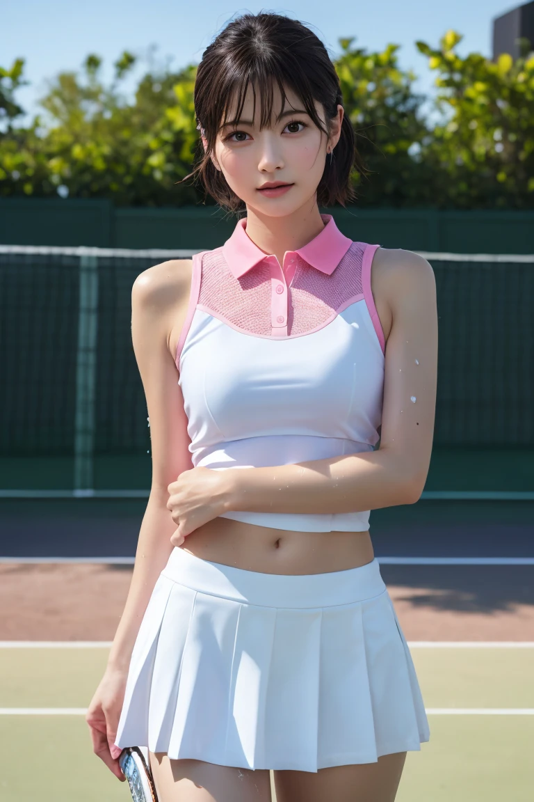 1 Girl, alone, White polo shirt, White sneakers, Pink tennis wear: 1.3, White mini skirt, masterpiece, Highest quality, Realistic, Hyper Detail, (Shiny skin, Sweaty: 1.4), Confused, Looking into the camera, Short black hair, Brown eyes, thin, Dynamic Lighting, High resolution, Sharp focus, Written boundary depth, fine grain, Sharp eyes, Realistic eyes, (big: 1.2), (Thick thighs: 1.0), Outdoor, null, Korean Idol, Nogizaka idol, idol carving, actress,