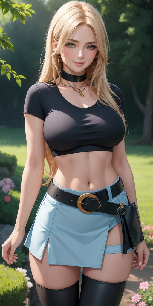 Beautiful medium breasts, 1girl, hair over one eye, jewelry, mid-thigh, midriff, black skirt, asymmetrical leggings, light blue shirt, black mid-thigh, belt, miniskirt, (masterpiece, ultra detailed, realistic, quality image) on standing, cowboy shot, outdoors, filed, flower, passionate smile, slightly blushing, blonder hair