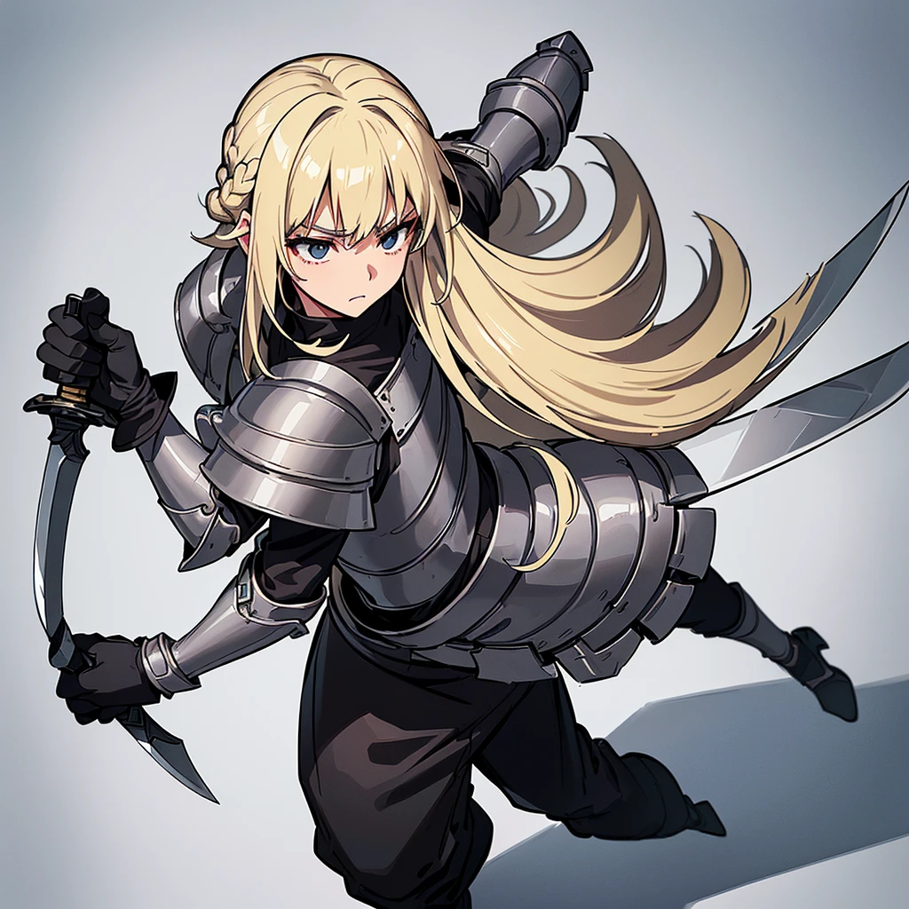 (((Solo)))、Best illustrations、Best Quality、(Full body character concept、detailed)、(((Simple grey armor、Black trousers、Black gloves))、(woman、18-year-old)、(Blonde、Long Hair)、(((Grab the sword、Get Ready)))、(From above at an angle)、(White background)