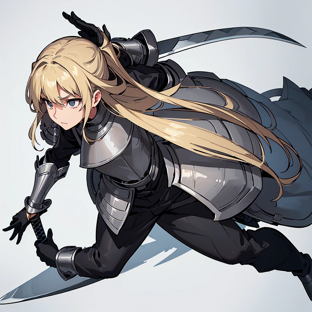 (((Solo)))、Best illustrations、Best Quality、(Full body character concept、detailed)、(((Simple grey armor、Black trousers、Black gloves))、(woman、18-year-old)、(Blonde、Long Hair)、(((Grab the sword、Get Ready)))、(From above at an angle)、(White background)