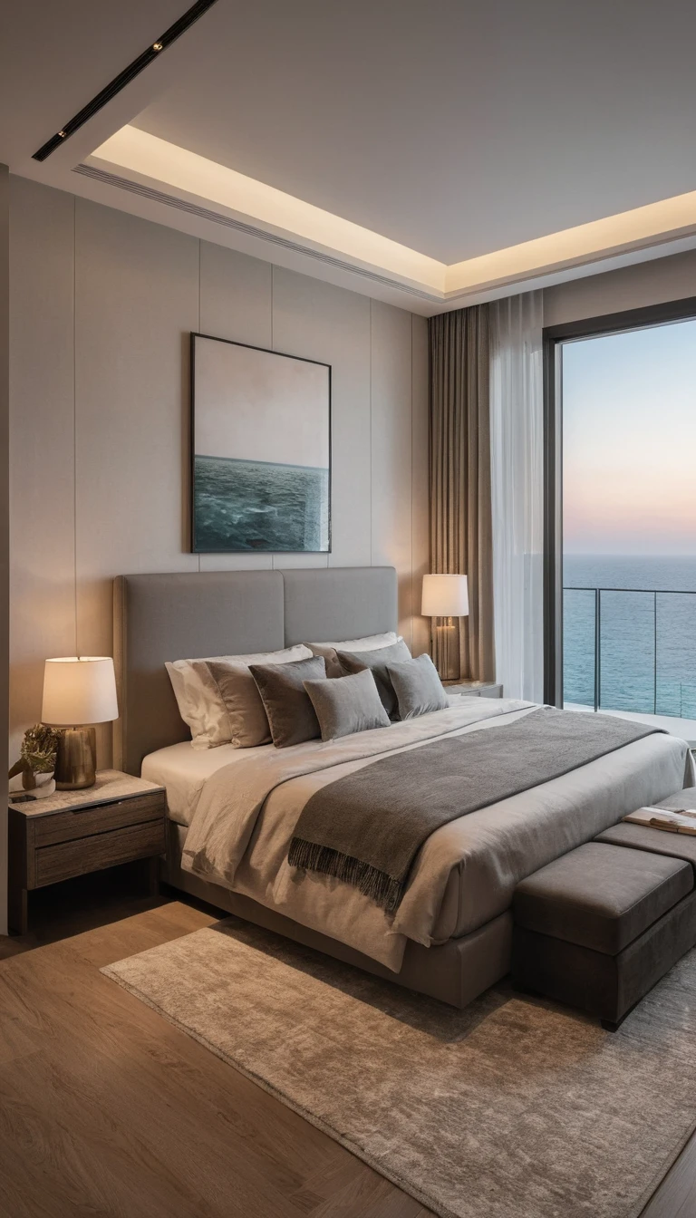 RAW Photos,masterpiece, high quality, 最high quality, Genuine, Super detailed, interior, indoor, ((bedroom style modern luxury)), With a view of the sea , sunset, Dawn, bed, lamp, carpet, bedside cabinets, Vase, Wooden floor ,Glass window