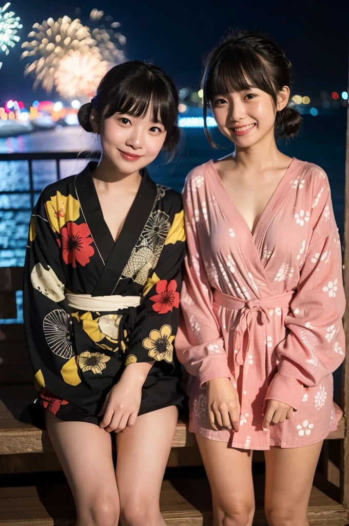 2 girls in beach at night,long-sleeved yukata,fireworks,18-year-old,bangs,a little smile,thighs,knees,short hair with low pigtails bunches,from below,front light