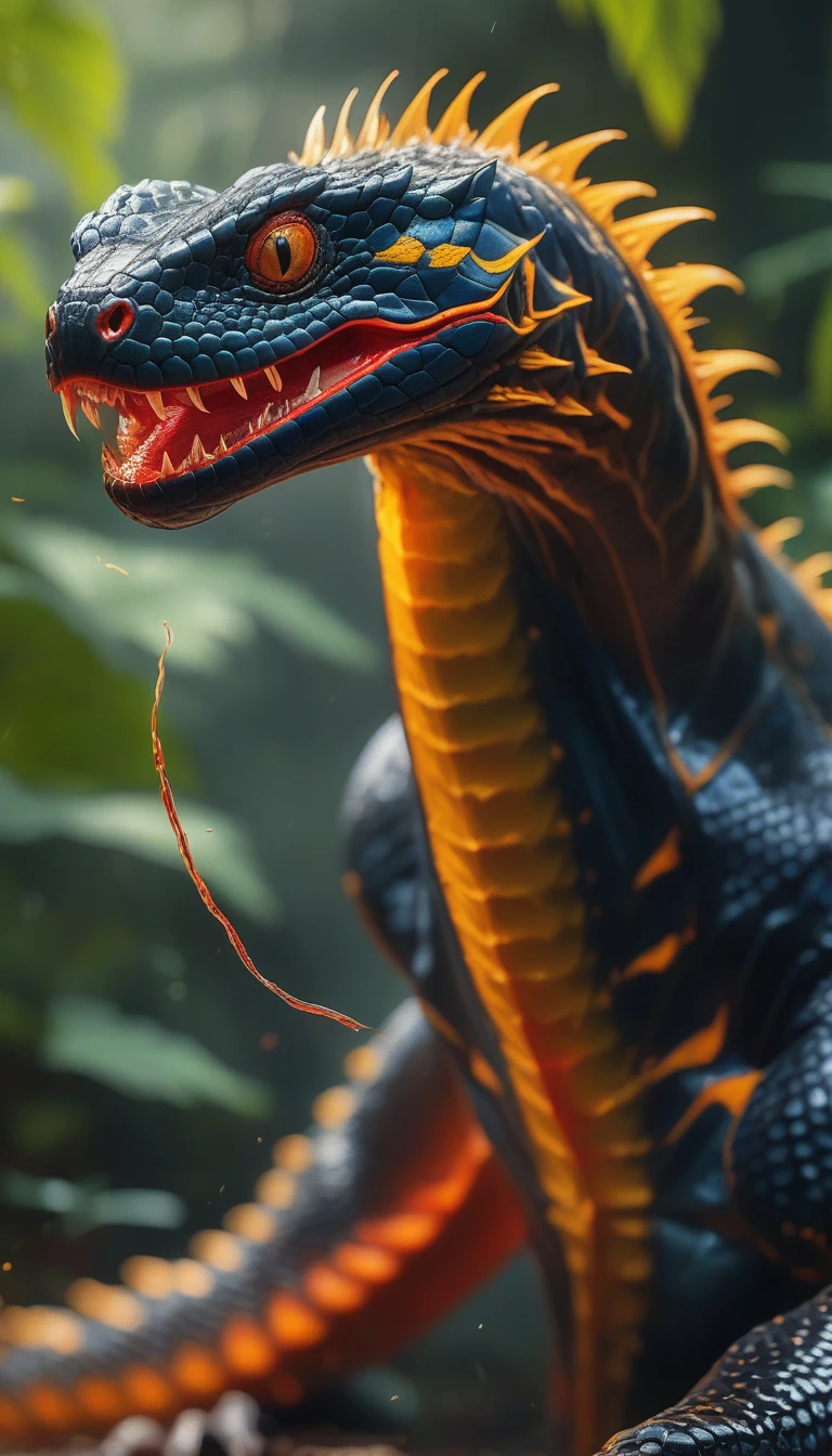 Excellent picture quality, masterpiece, best picture quality, super detailed, ultra detailed, UHD, HDR, DOF, depth of field, a cross between a cobra and a komodo dragon, a fictional fearsome creature that lives in the rainforest, poisonous and attacks its prey with its huge body and powerful jaws.