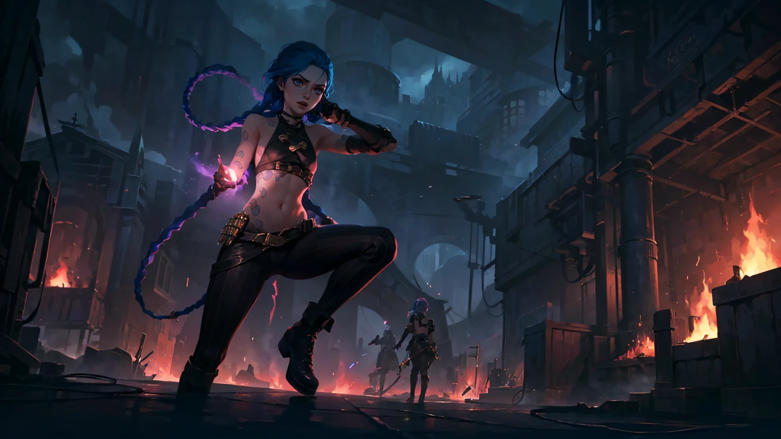(masterpiece, Best quality), 1 girl, portrait, very sexy, crazy look, smile, crying, pink tears, tears on the cheeks, tears from eyes, full length (full body 1.1.), очень feminine, fighting stance, battle, fire, explosions, burning city, Beautiful waist, gloomy composition, flame, fire, Flash, very beautiful, feminine, long hair, hair braided in long braids, very sexy, tight leather pants, emphasis on the eyes, face accent, Beautiful face, Hands, Hair, Haired ponytail, red purple eyes, Джинкс crying, Blue cloud tattoo, (masterpiece, Best quality), Side lighting, beautiful detailed eyes, crazy face), (Best quality), (masterpiece), magic photography, Spectacular lighting, Photorealism, ultra detailed, интимная portraitная композиция, 1. 4,8 k UHD, aesthetic, Cd., A high resolution, 8 k, better lighting, Best shade, Ultra-HD, A high resolution, sharp focus, Complex background, Cinematic lighting, ((Landscape view)), 4K block, (better lighting), ((Cinematic lighting)),