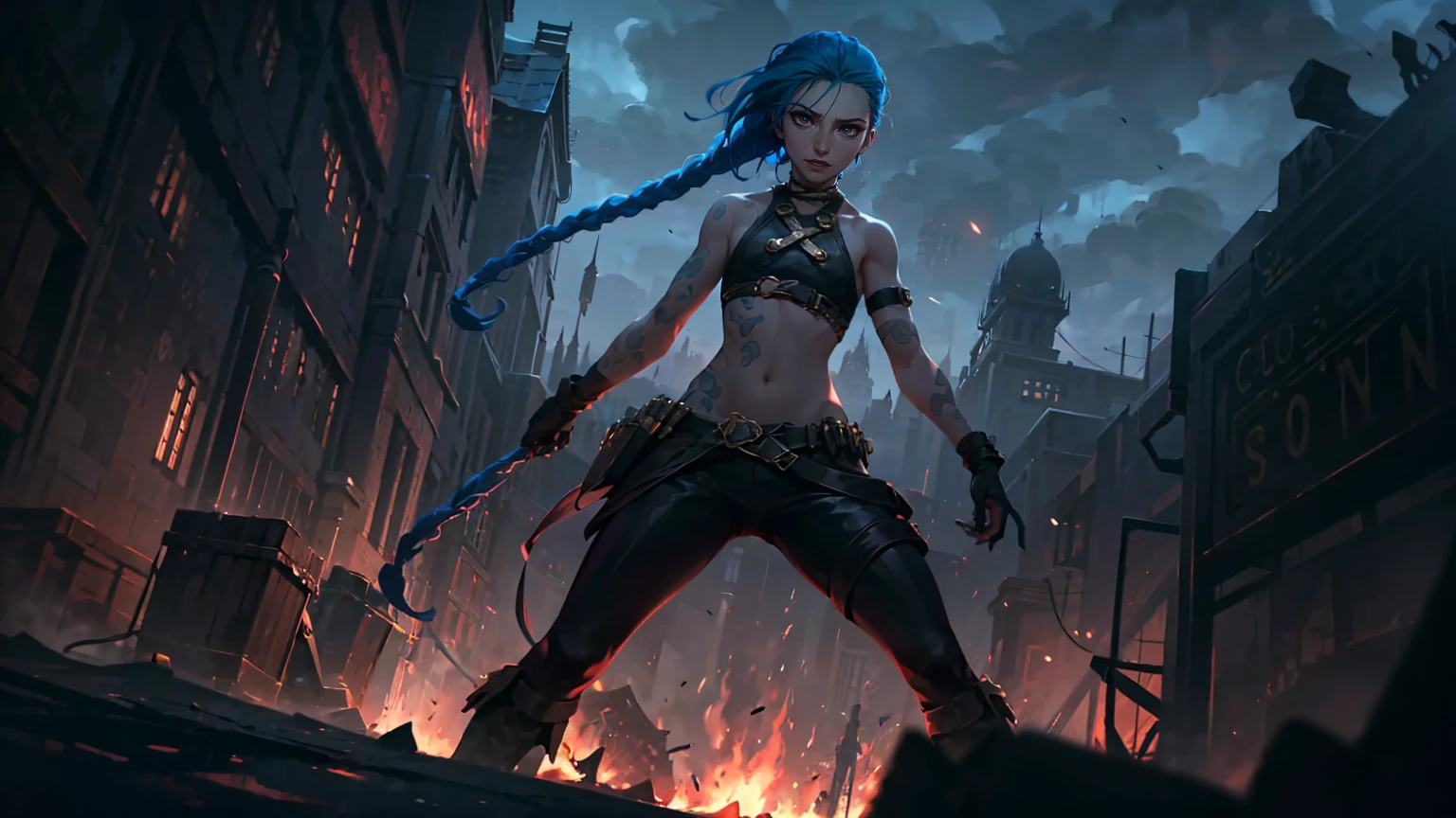 (masterpiece, Best quality), 1 girl, portrait, very sexy, crazy look, smile, crying, pink tears, tears on the cheeks, tears from eyes, full length (full body 1.1.), очень feminine, fighting stance, battle, fire, explosions, burning city, Beautiful waist, gloomy composition, flame, fire, Flash, very beautiful, feminine, long hair, hair braided in long braids, very sexy, tight leather pants, emphasis on the eyes, face accent, Beautiful face, Hands, Hair, Haired ponytail, red purple eyes, Джинкс crying, Blue cloud tattoo, (masterpiece, Best quality), Side lighting, beautiful detailed eyes, crazy face), (Best quality), (masterpiece), magic photography, Spectacular lighting, Photorealism, ultra detailed, интимная portraitная композиция, 1. 4,8 k UHD, aesthetic, Cd., A high resolution, 8 k, better lighting, Best shade, Ultra-HD, A high resolution, sharp focus, Complex background, Cinematic lighting, ((Landscape view)), 4K block, (better lighting), ((Cinematic lighting)),