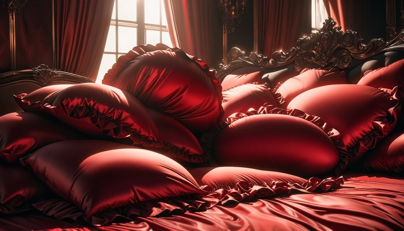 A fluffy red silk feather duvet, many huge silk body pillows, a luxurious and fluffy red silk bed, red silk sheets, 8k, best quality, high detailed, photorealistic, dramatic lighting, warm tones, luxurious, soft, plush, velvet, satin, velvety textures, elegant, sophisticated, premium, lavish, opulent, sumptuous, indulgent, exquisite, refined, lush
