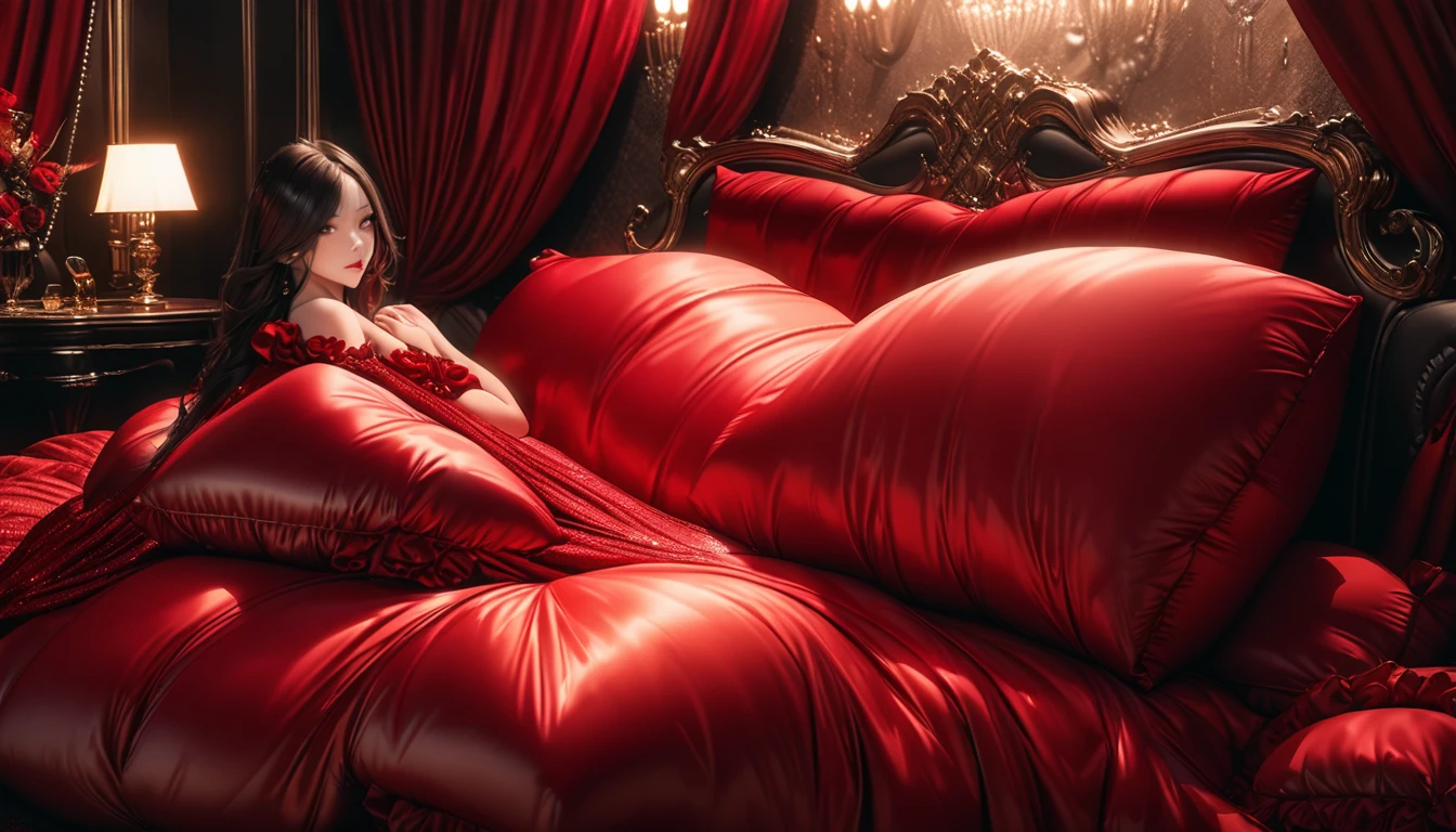 A fluffy red silk feather duvet, many huge silk body pillows, a luxurious and fluffy red silk bed, red silk sheets, 8k, best quality, high detailed, photorealistic, dramatic lighting, warm tones, luxurious, soft, plush, velvet, satin, velvety textures, elegant, sophisticated, premium, lavish, opulent, sumptuous, indulgent, exquisite, refined, lush