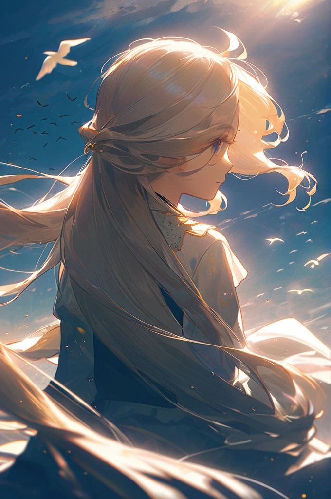 ((Лучшее качество)), ((шедевр)), (подробный), anime girl sitting , view from the back , beautiful long hair, wind in her hair, birds flying, rays of the sun
