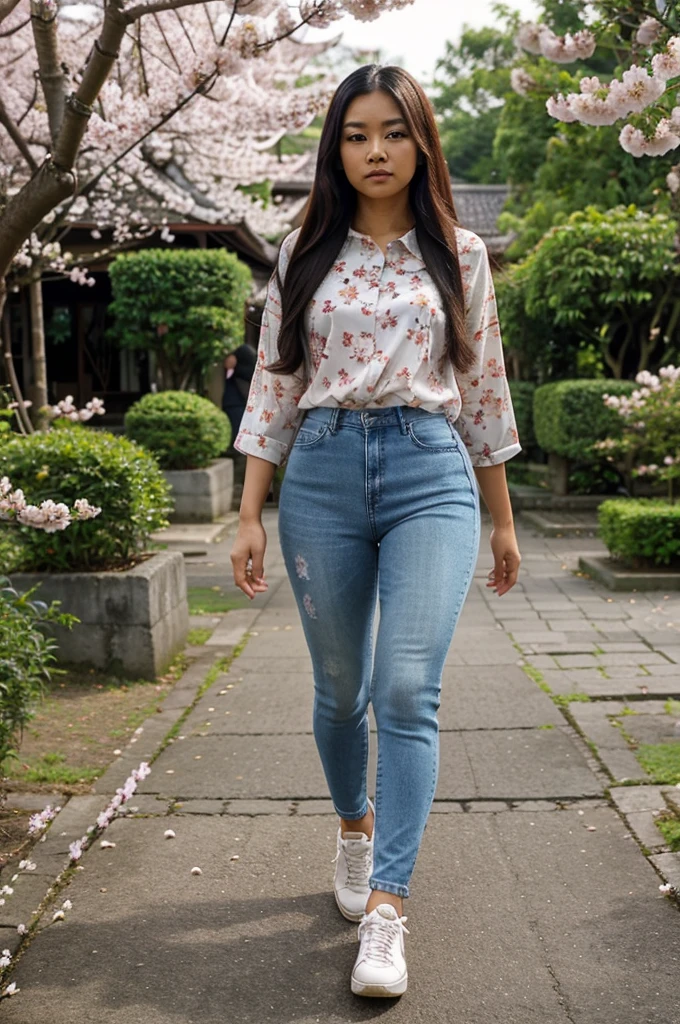 An Indonesian woman, wearing a floral hem, tight jeans, sneakers, long hair, is walking in a cherry blossom garden, with her face facing the camera