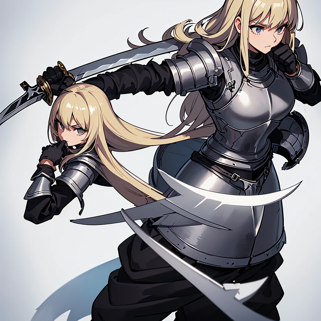 (((Solo)))、Best illustrations、Best Quality、(Full body character concept、detailed)、(((Simple grey armor、Black trousers、Black gloves))、(woman、18-year-old)、(Blonde、Long Hair)、(((Grab the sword、Get Ready)))、(Cowboy Shot)、(White background)